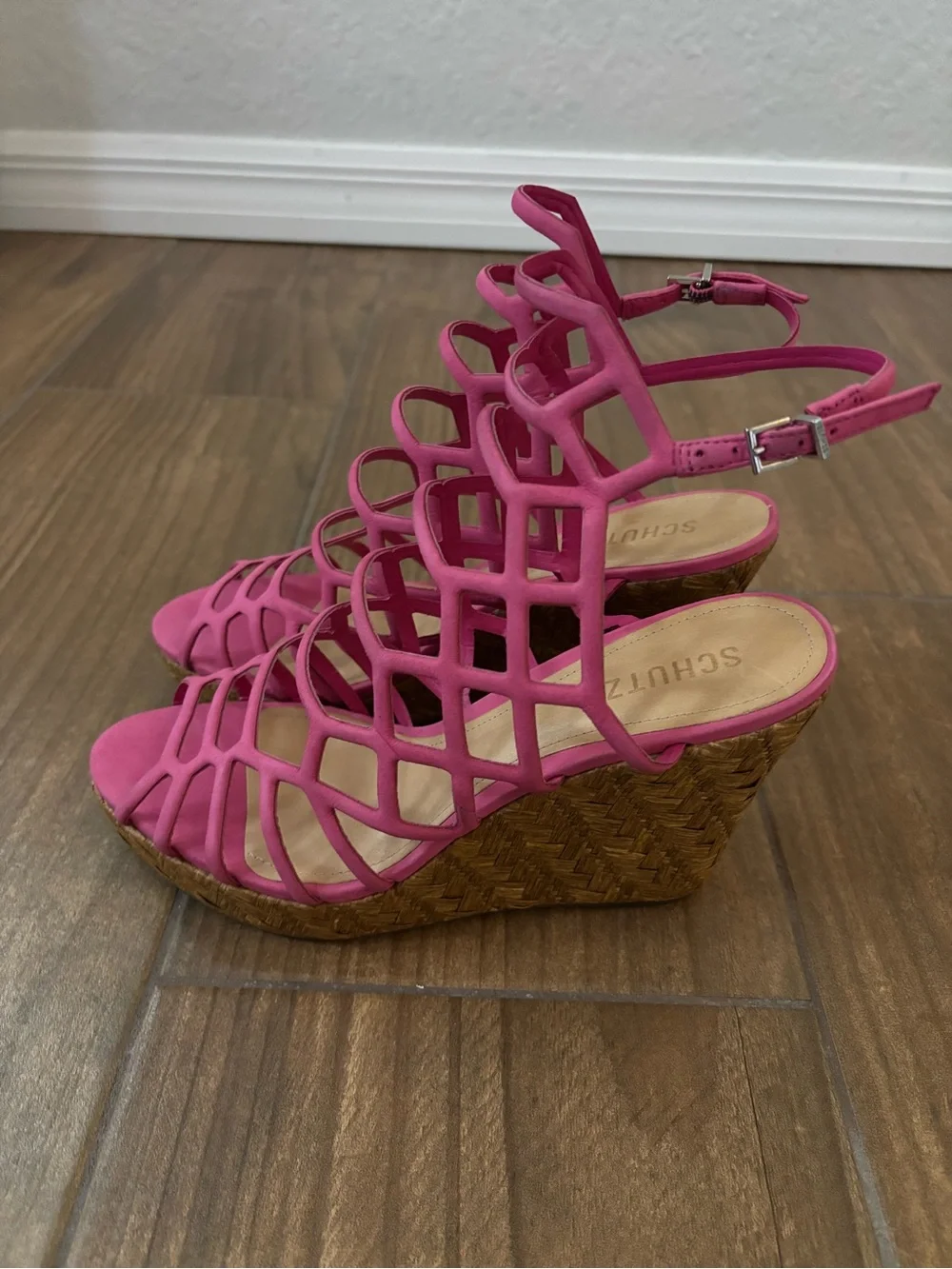 Schutz Marlyn Pink Espadrille Wedge Caged Open Toe Heeled Sandals